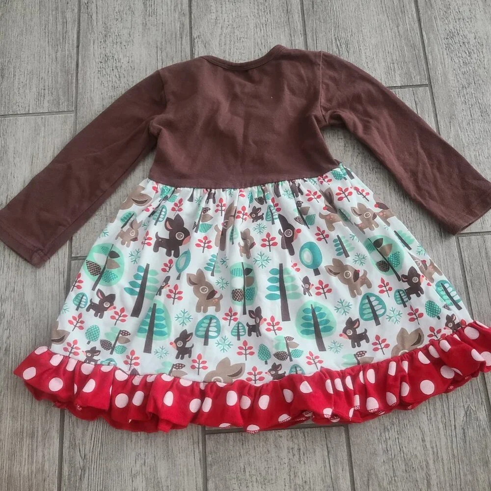 Girls Woodland Animals Ruffle Dress Brown Long Sleeve with Red Polka Dot Trim 2T